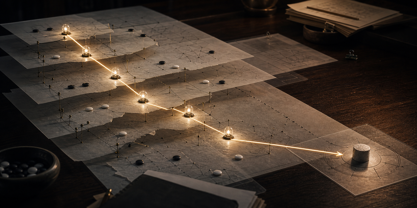 Connected AI nodes forming an operational path through layered strategy maps