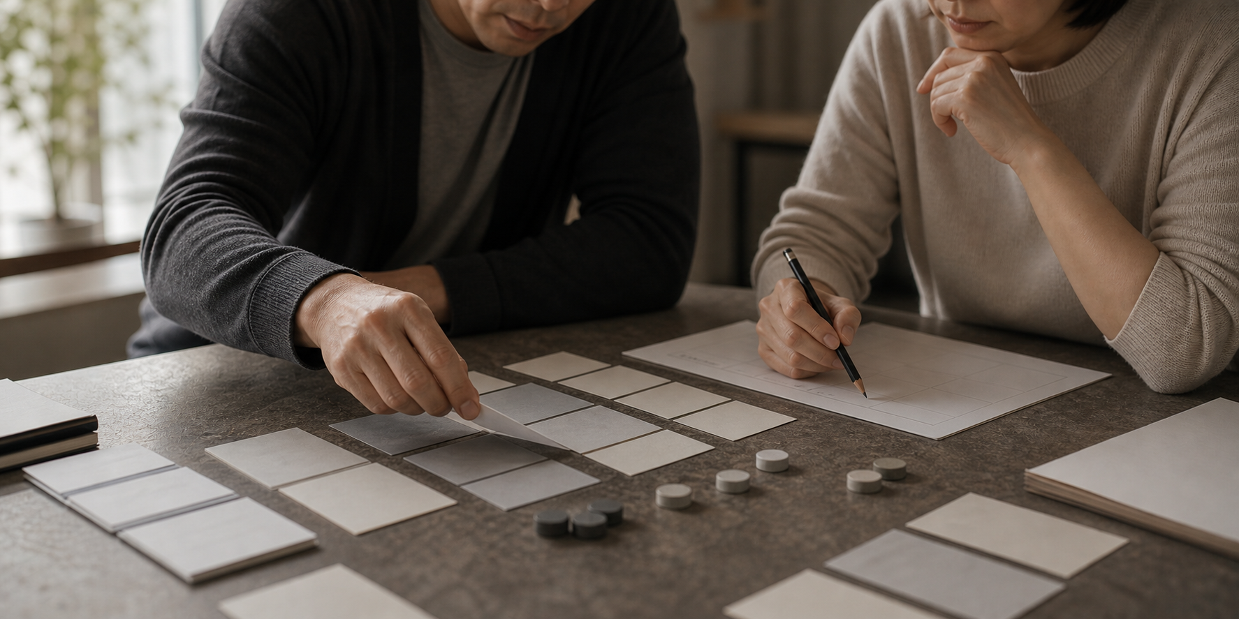 Two participants comparing blank case cards and rating slips during judgment calibration practice