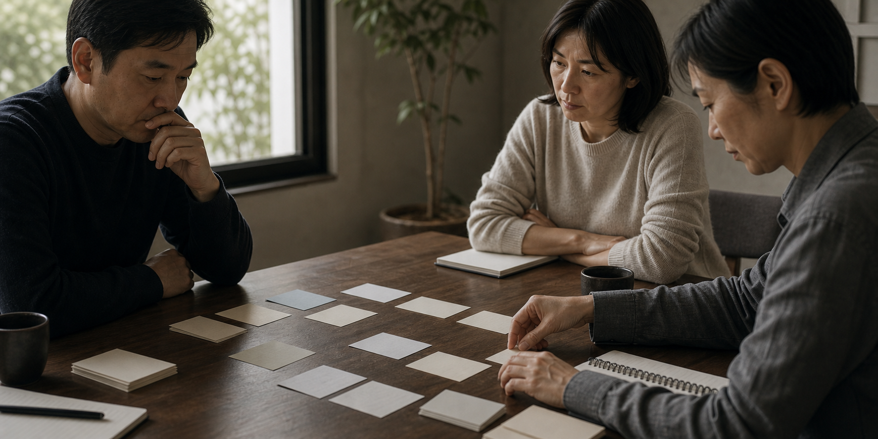 A small group revising case cards during a reflective feedback session