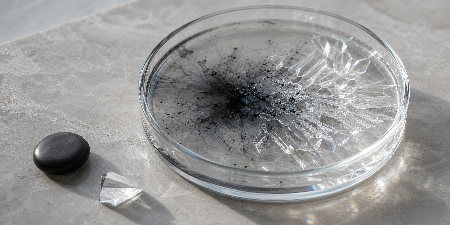 Cloudy ink residue in a glass dish resolving into crystalline clarity