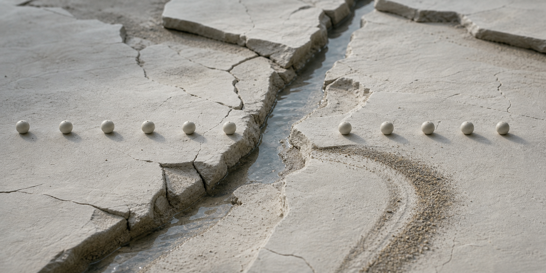 A straight sequence of ceramic markers interrupted by fractured plaster terrain and shallow water