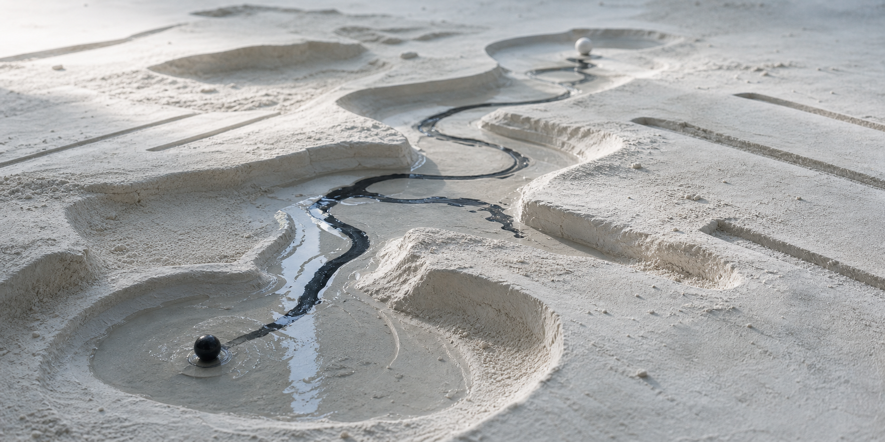 Dark ink flowing through pale plaster terrain toward a distant marker