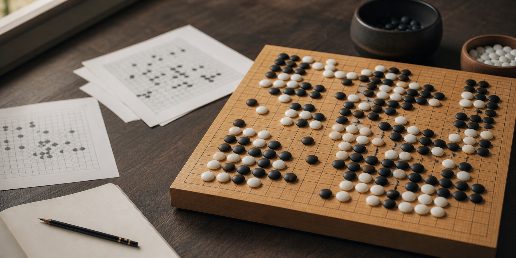 A Go board mid-game beside printed board diagrams and a pencil