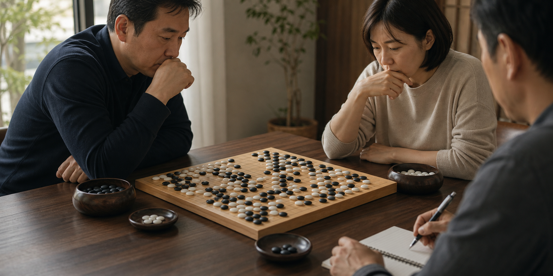 Two participants and a facilitator studying a complex Go position